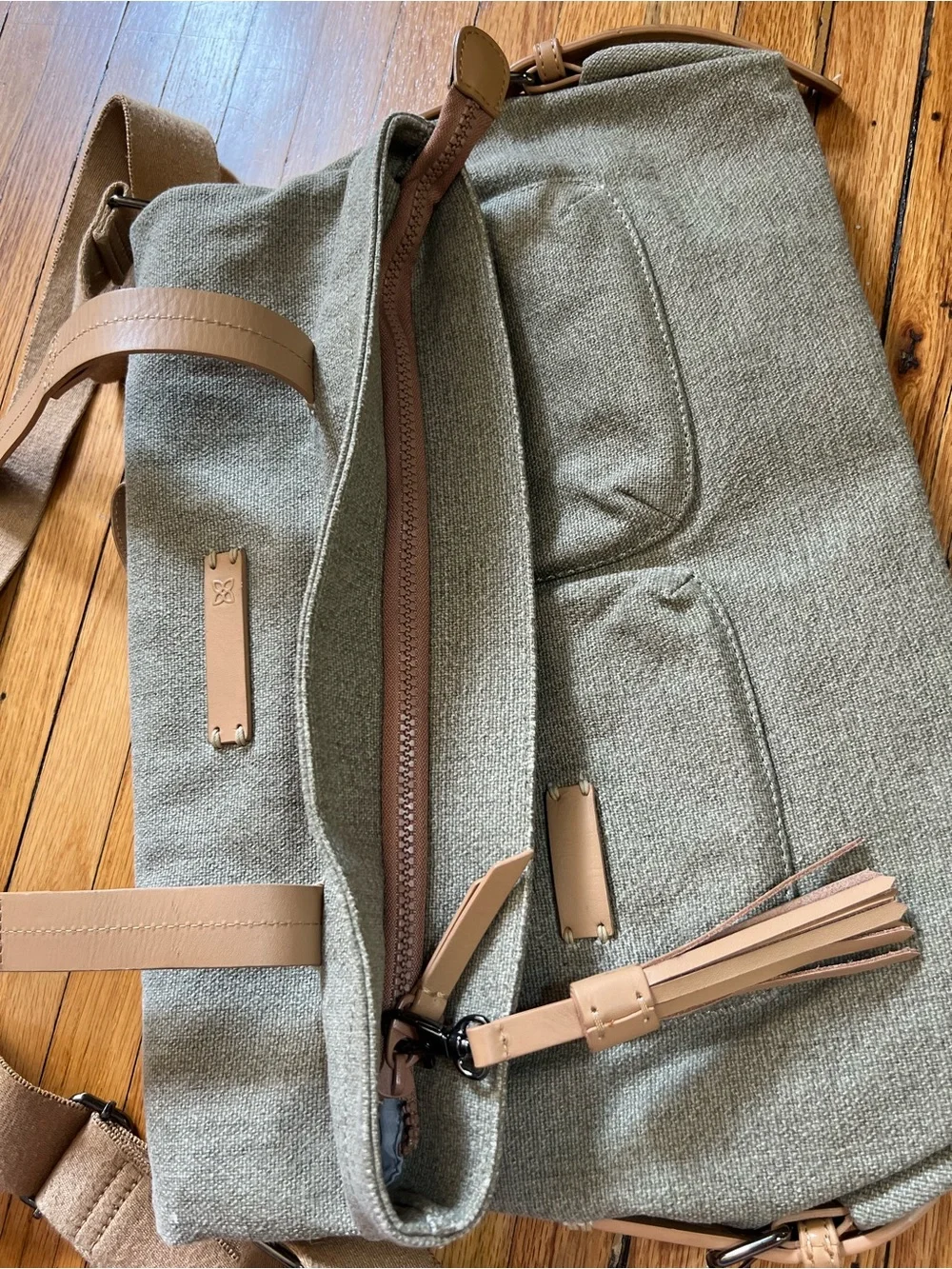 Sherpani Sage Green Canvas Messenger Bag with Tan Accents, Laptop or Travel